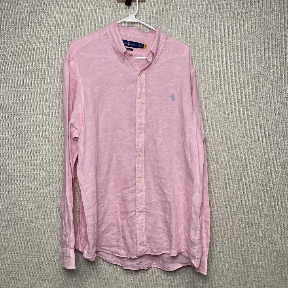 Ralph Lauren Linen Shirt XL Men L/S Button Down Classic Fit Pink Vacation Preppy